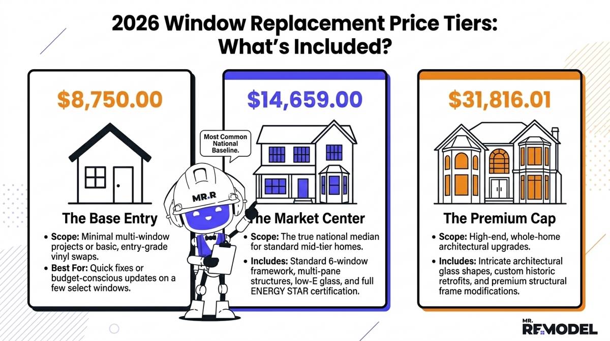 A 2026 window replacement pricing tier graphic breaking down what is included in the $8,750 base entry scope, the $14,659 national median scope, and the $31,816 premium capital cap.
